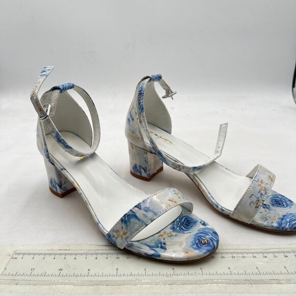 XYD Blue Floral Open Toe Low Heel Block Sandals Buckled Ankle Strap Shoes - Picture 4 of 8